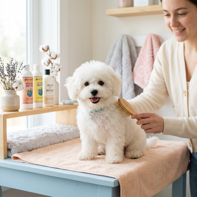 Bichon Frise puppy being groomed